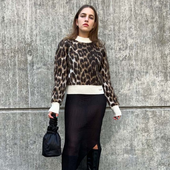 Ganni Leopard Alpaca Wool Pullover Logo Sweater Size XS Brown Cream Combo - Picture 1 of 14